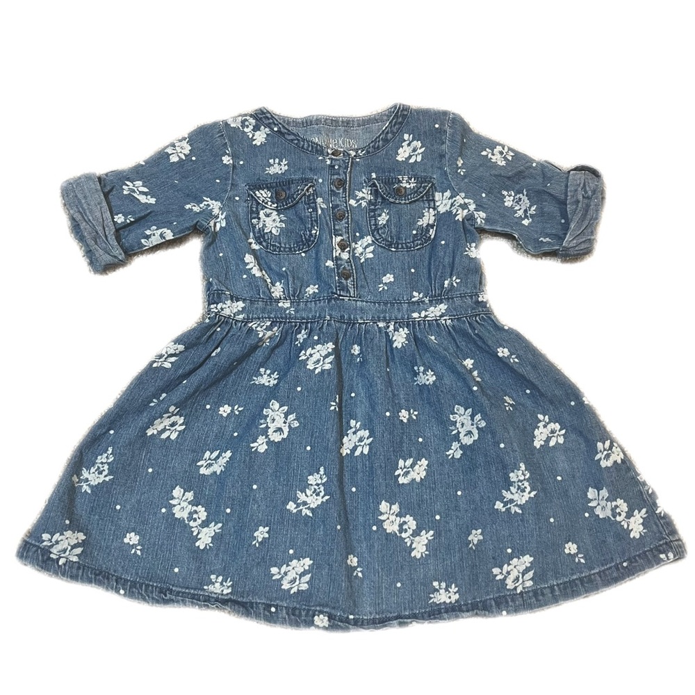 Genuine Kids OshKosh Denim Chambray Floral Dress Buttoned Top 3/4 Sleeves 5T